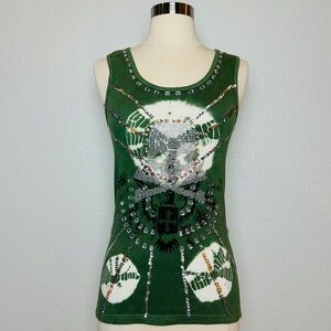 NWT Oliver By Escio Tank Top Womens M Olive Green Tie Dye Sequin Skull Y2K VTG